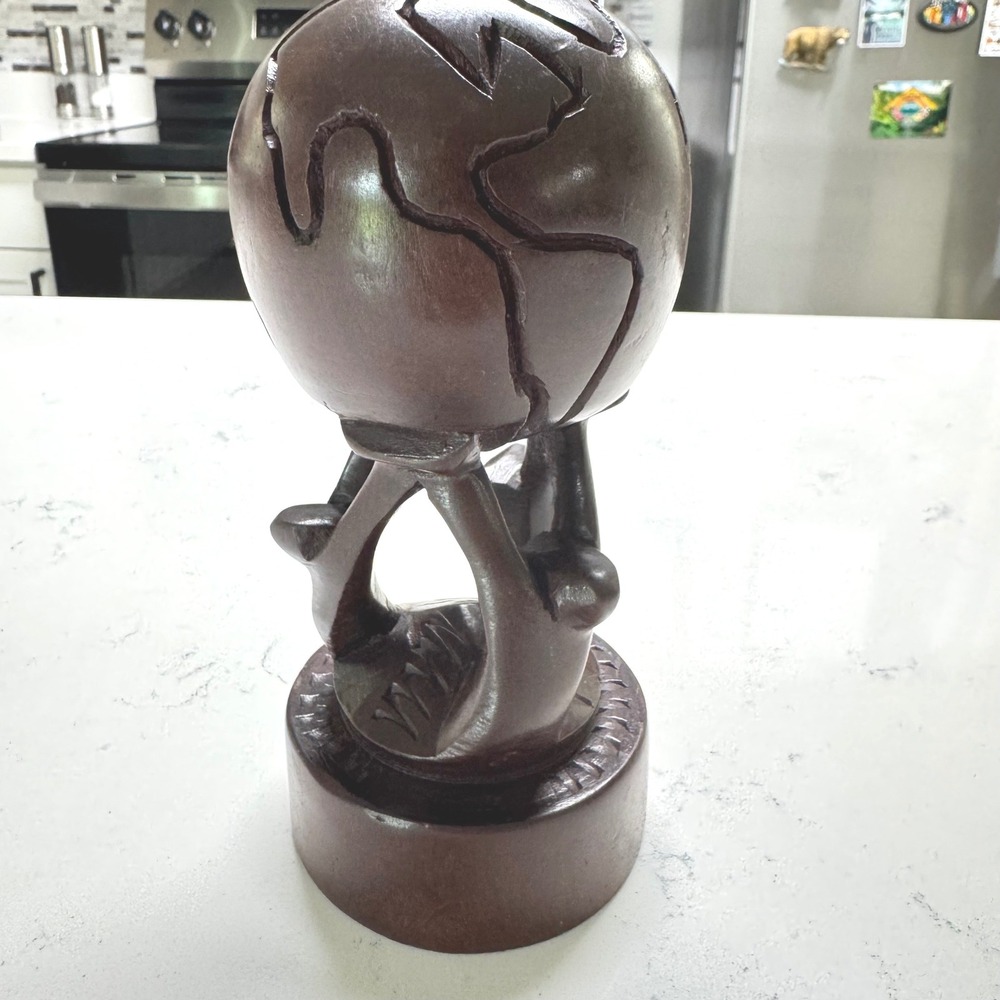 Vtg Wood African Unity Globe Sculpture Brown Hand Carved Unbranded Decor Art